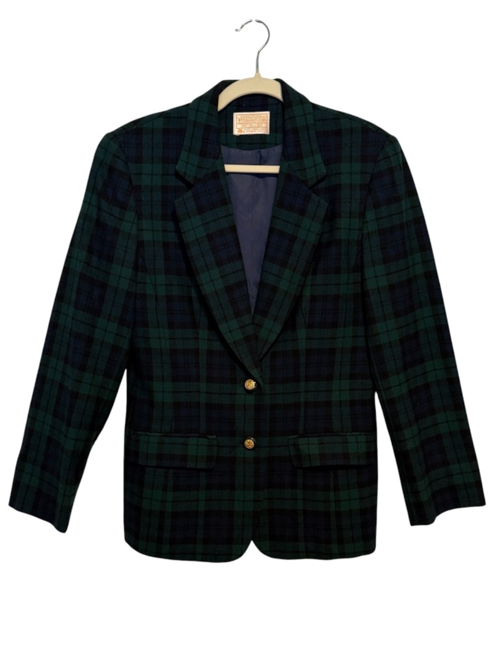 Vintage Pendleton 100% Wool Tartan Plaid 2 Button Blazer Size 8 Blue Green